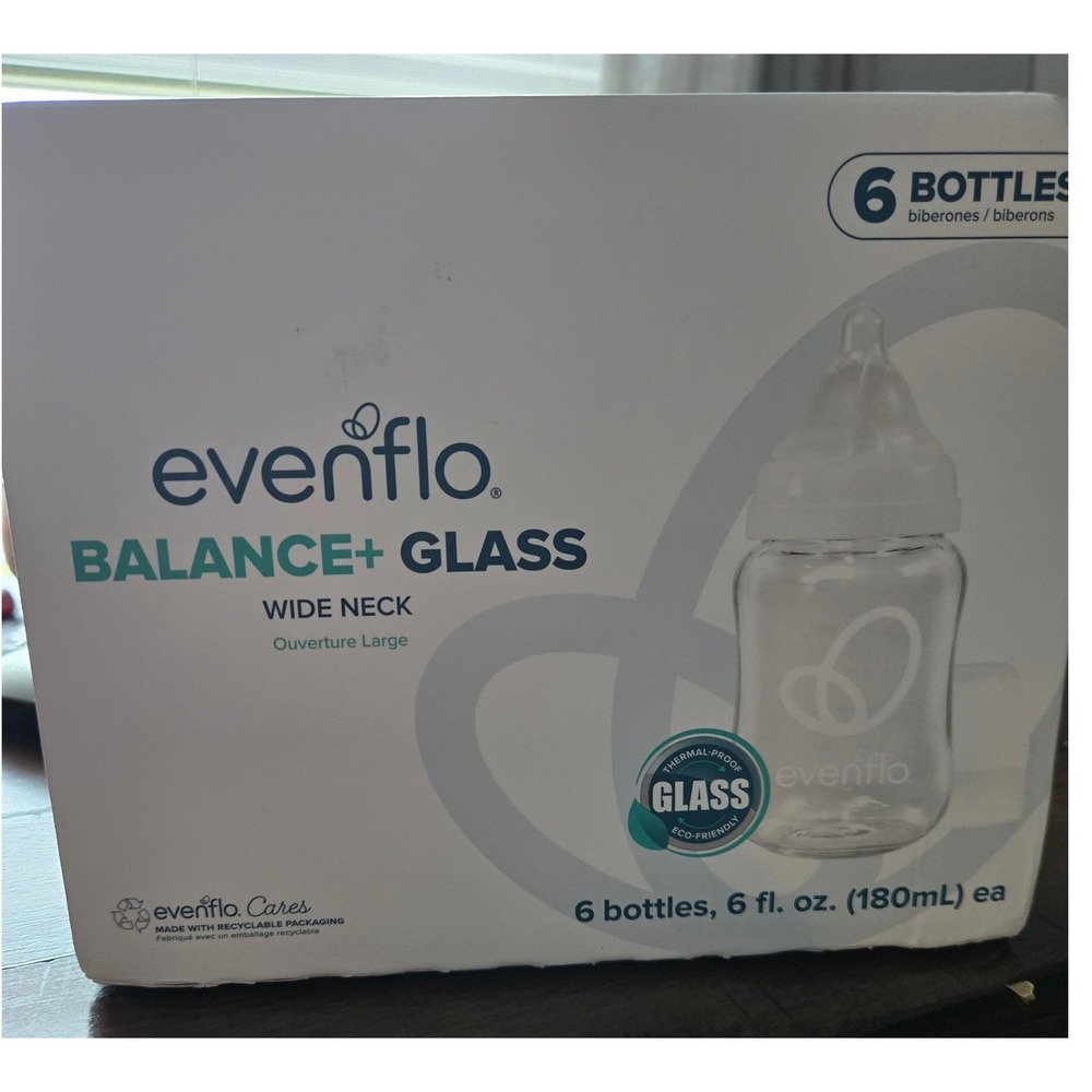 Evenflo Balance+ Glass Wide Neck Baby Bottles 6oz 6 Pack Slow Flow 0M+ 1086611